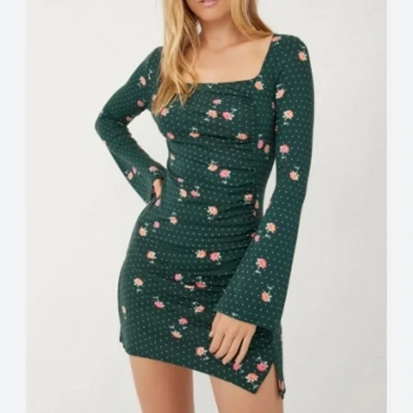 free people green polka dot dress Green Polka Dot Long Sleeve Kennedy Midi Dress